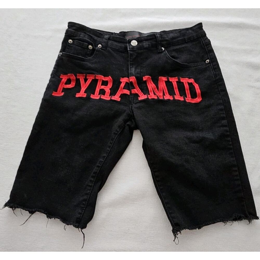 Black Pyramid Denim Shorts Jeans Casual Embroidered Chris Brown Rapper Size 30